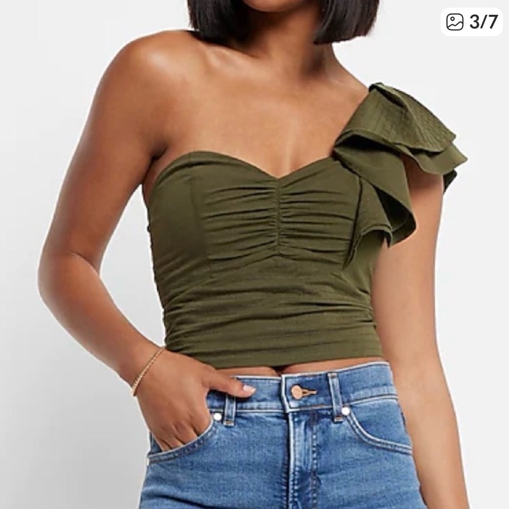 Express Olive One-Shoulder Ruffle Crop Top